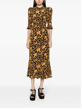 RHODE Felix Dress Size 8 Medallion Ruffle Midi Dress Gold Resort Wedding Guest